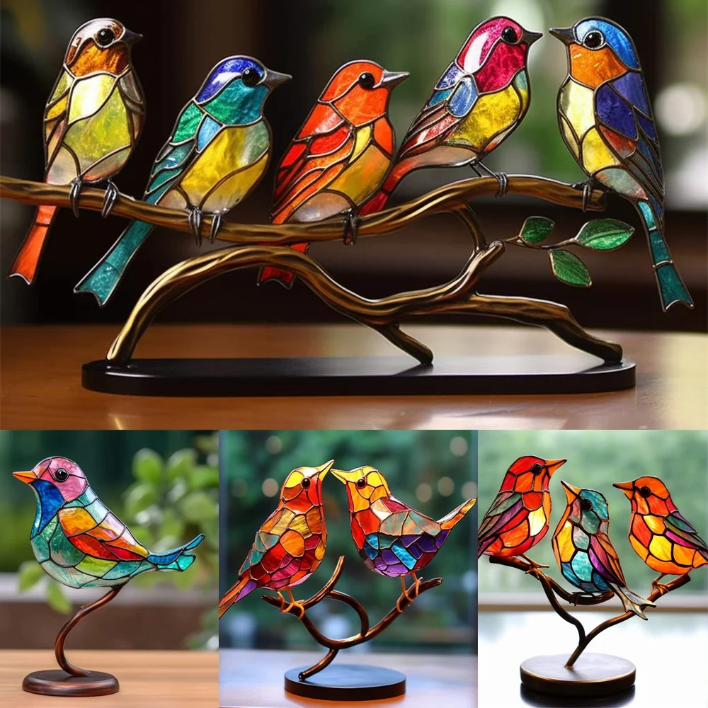 Stained Glass Birds On Branch Desktop Ornaments Double Sided Colorful Birds Series Animals Shape Iron Art Craft Home Decorations