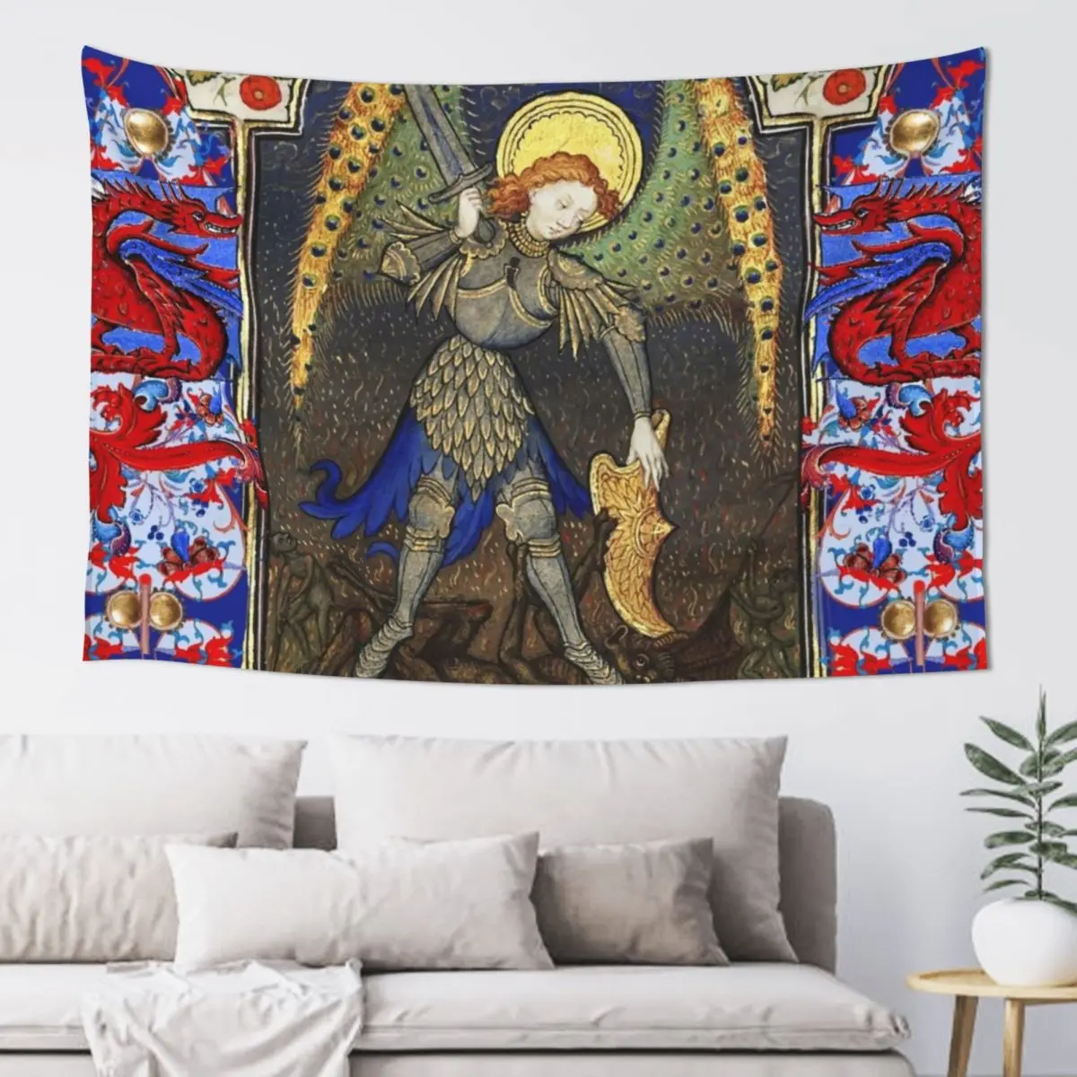 ST. MICHAEL ARCHANGEL COMBATTING DEVIL AND RED DRAGONS Medieval Miniature Tapestry Bedrooms Decorations Tapestry