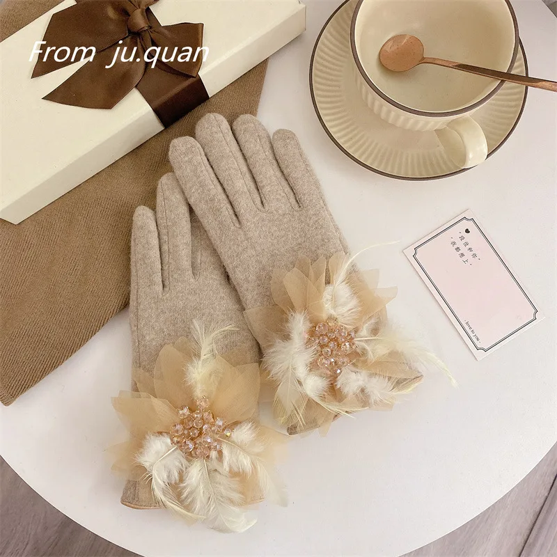 1Pair Women Advanc Plume Gloves Five Finger Touch Screen Outdoor Riding Keep Warm Mittens Korean Style Wool Plush Driving Gloves