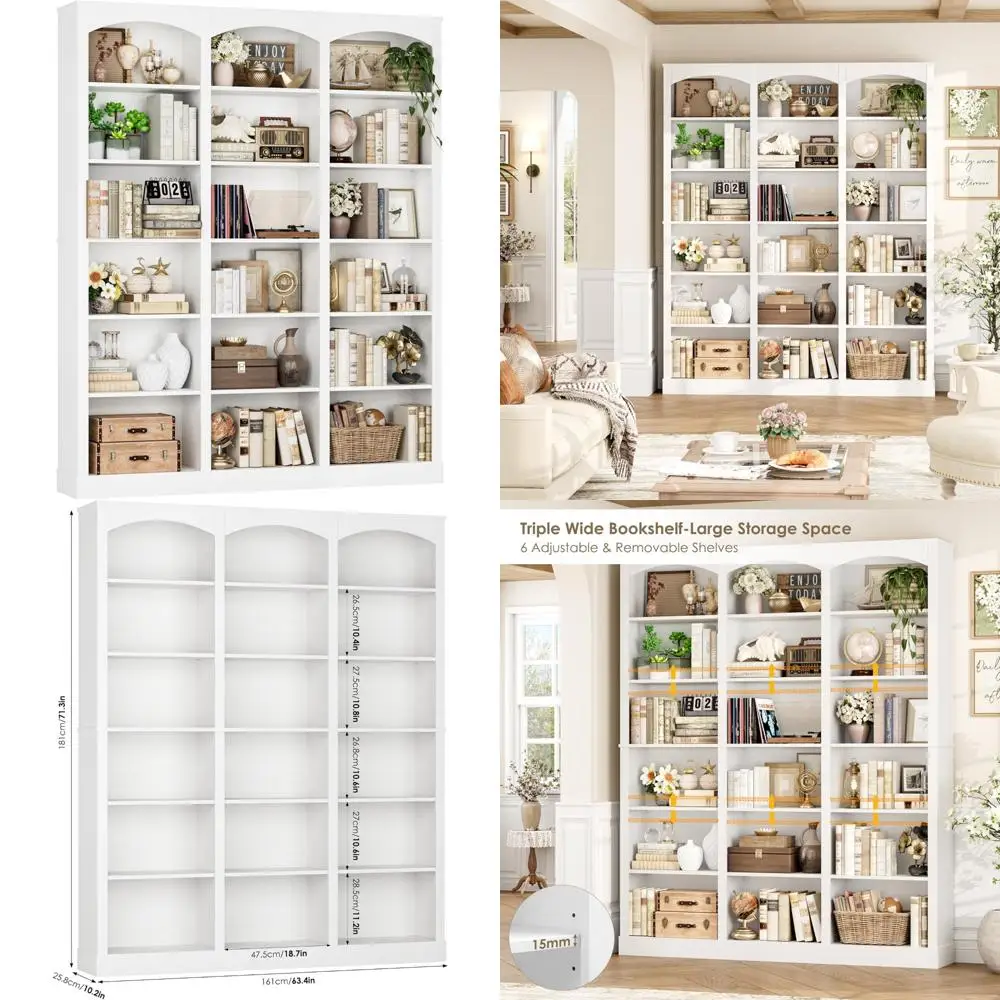 Rak Buku Putih Besar 6 Tingkat dengan Penyekat Melengkung, Lebar 63,4 inci, Kedalaman 18 inci, Solusi Penyimpanan Tinggi