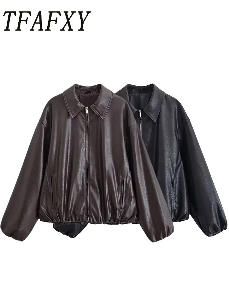 

TFAFXY 2025 Autumn Winter Vintage Casual Chic Women Jacket Solid Turn-down Collar Zipper Long Sleeve Coats Fashion Coats
