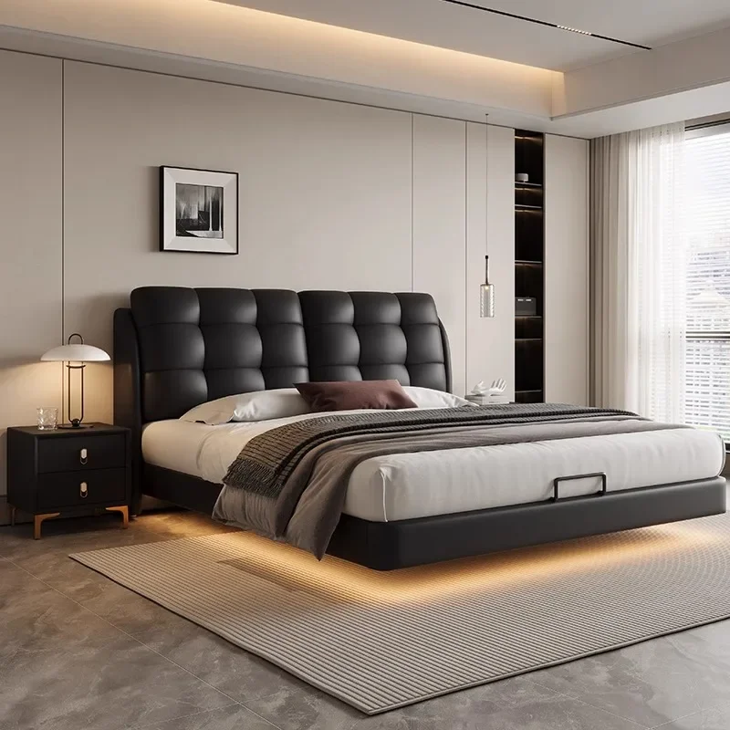 Modern Luxury Wooden Bedroom Furniture Soft Up-holstered Beds king Size Double Bed Frame Queen Floating Suspension Set Design