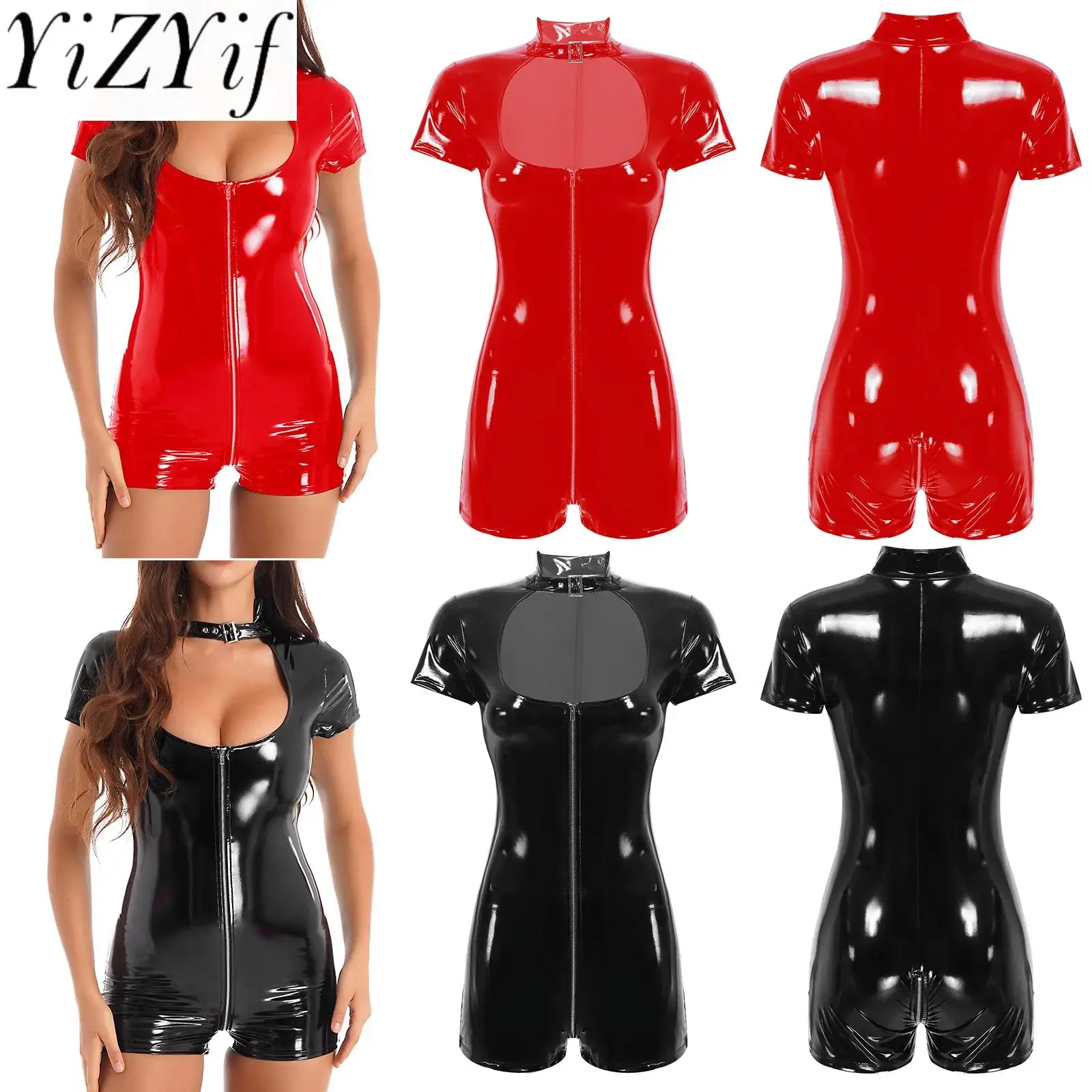 Womens Latex Catsuit Wetlook Patent Leather Cutout Bodysuit Short Sleeve Skinny Zipper Jumpsuit Club Dance Costume Clubwear