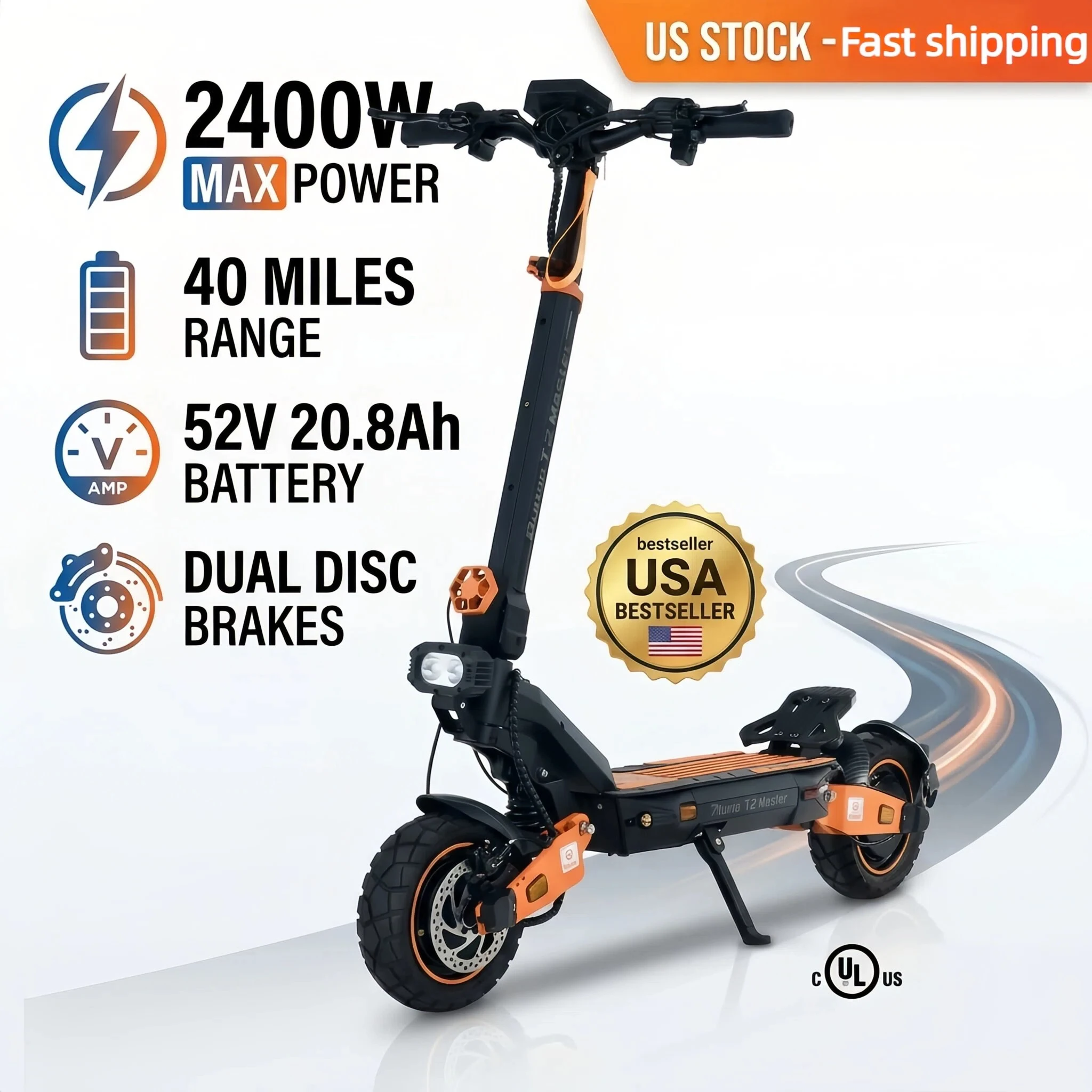 

Electric Scooter 2400W Dual Motor, 52V 20.8Ah Battery, 40 Miles Range, 10" Off-Road Tires, Dual Disc Brake