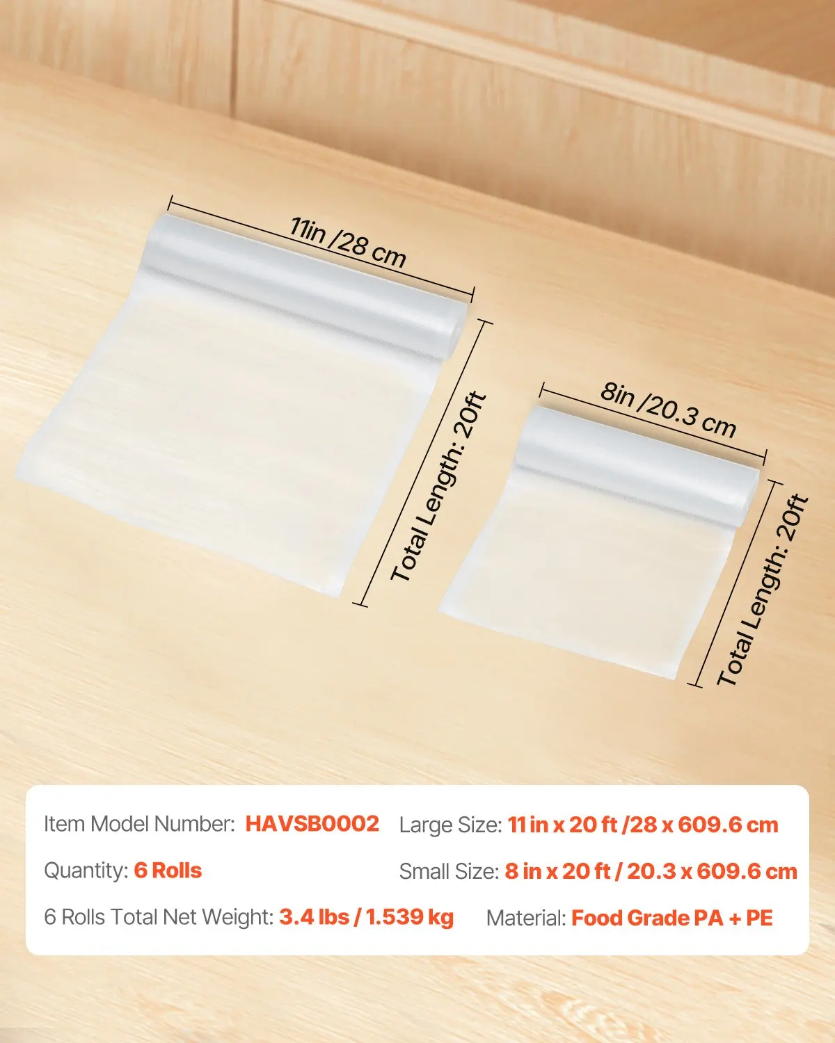 6 Rolls Vacuum Sealer Bags 11 In X 20 Ft & 8 In X 20 Ft Customizable Non-BPA Bag