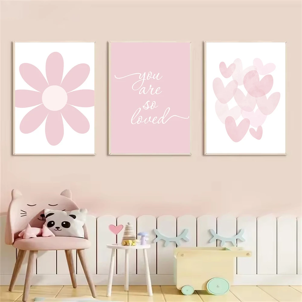Cartoon Pink Hearts Daisy Posters Wall Art Canvas Painting Nursery Print Flower Art Poster Nordic Wall Pictures Girl Room Decor