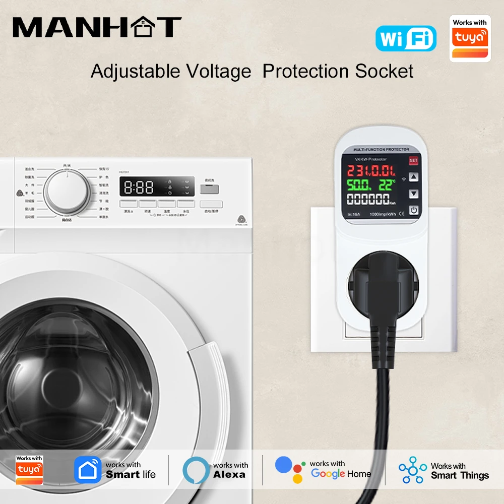 

MANHOT WiFi 16A Smart EU Plug Voltage Current Protection Energy Monitor Socket App/Voice Control With Tuya Alexa Google Home