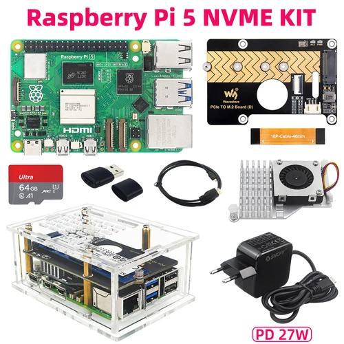 Raspberry Pi 5 PCIe a M.2 NVME Kit 4G 8G 16GB RAM enfriador activo PD 27W fuente de alimentación caja acrílica tarjeta TF para RPI 5 Pi5