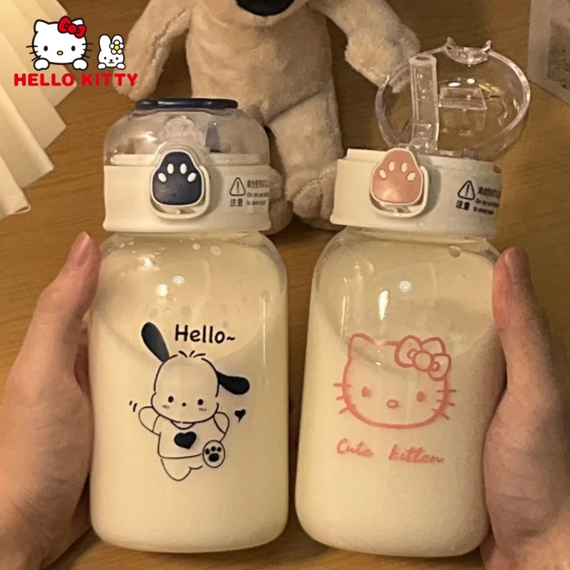 

Anime 500ML Sanrio Hello Kitty Pochacco Transparent Straw Cup Kuromi Cinnamoroll Portable Plastic Children Water Cup Gift