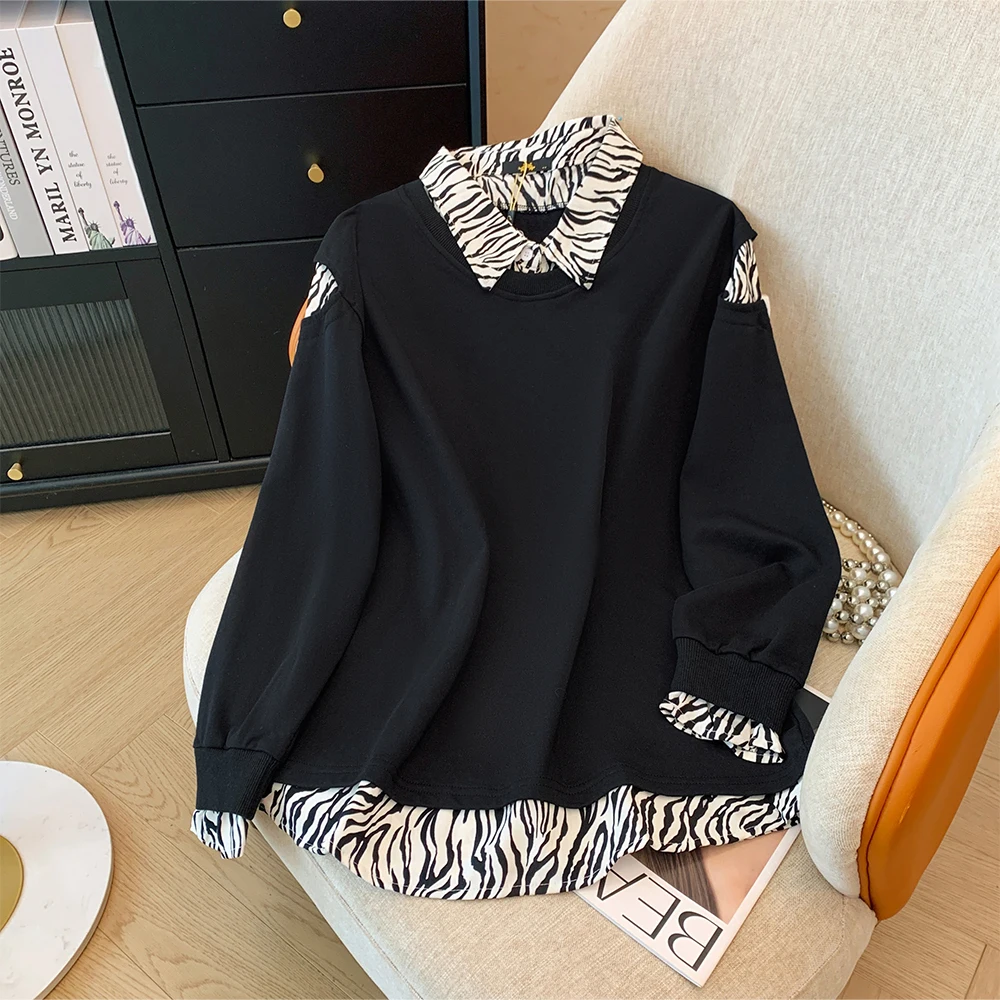 2024 autumn new casual splicing hoodie lapel women's plus-size top loose comfortable commuter wear black Polyester cotton fabric