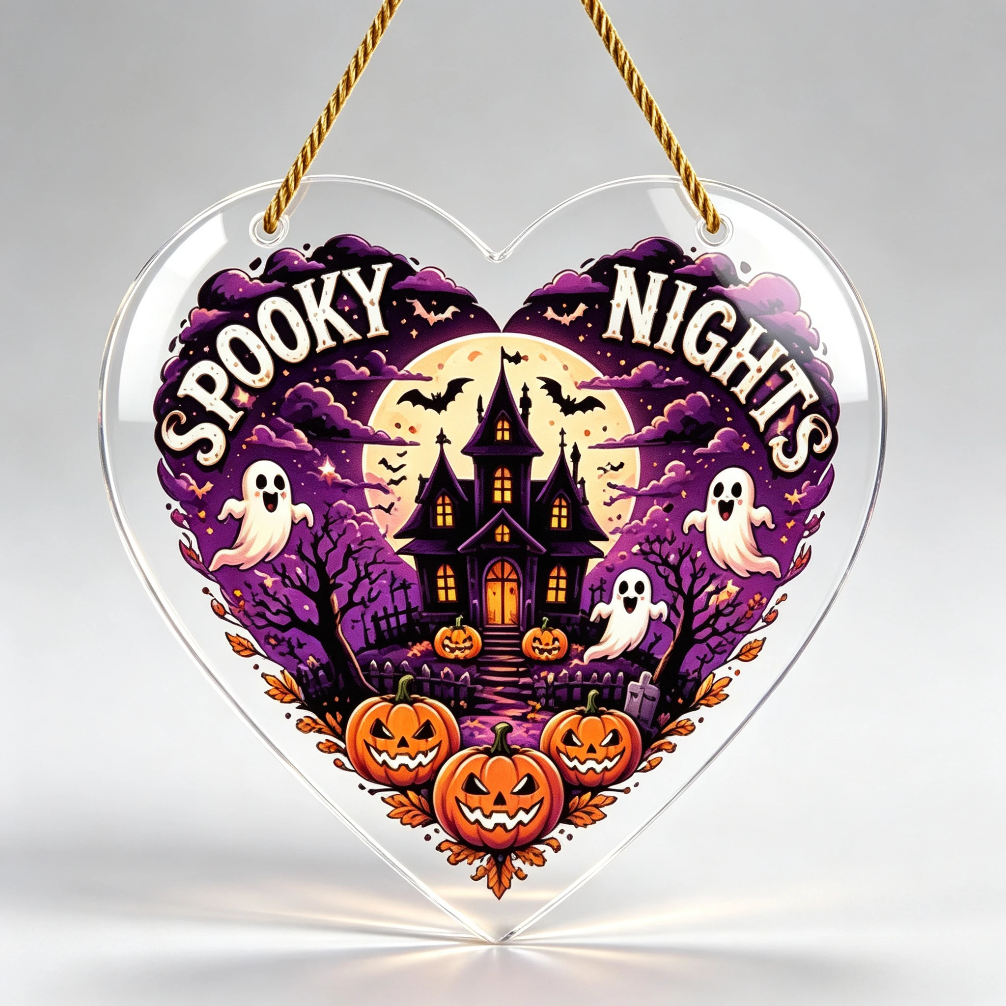 Purple Spooky Castle Heart Acrylic Hanger, Ghost Bat Jack‑o‑Lantern Moon Fall Holiday Wall Ornament