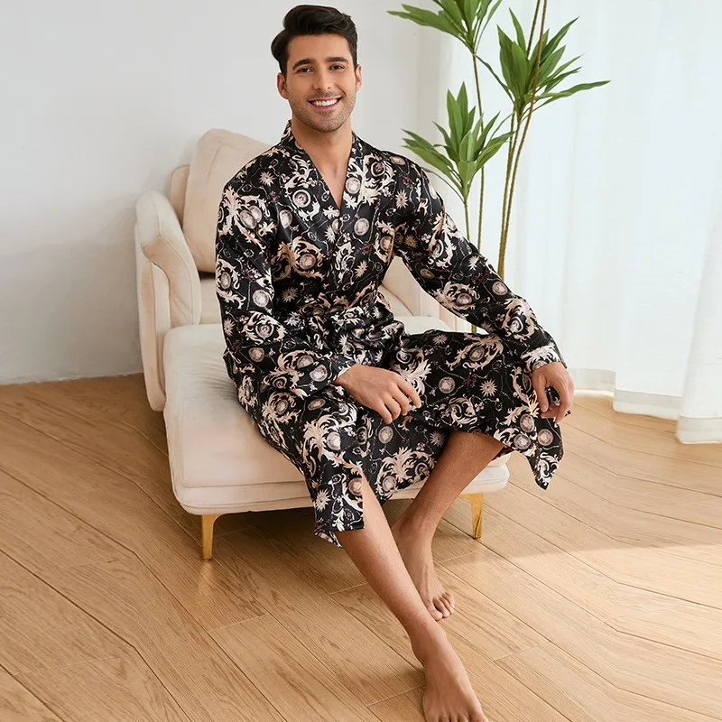 Luxury Men's Robe Shorts Suit Two Piece Pajamas Set Ice Silk Sleepwear Kimono Bathrobe Gown Loose Casual Homewear Lounge Wear