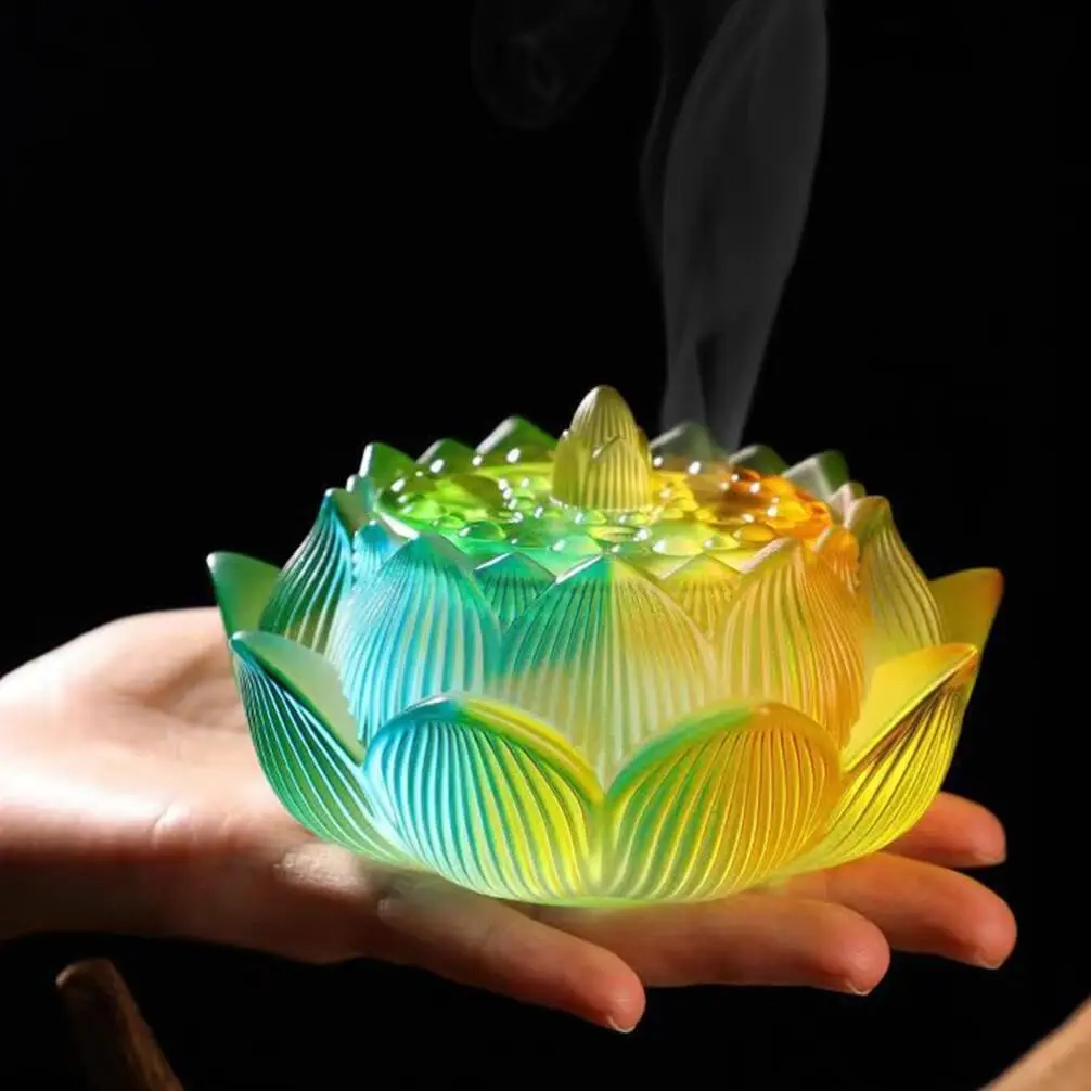 Lotus Incense Burner Bowl Flower Chinese Glass Incense Holder Censer Bowl Asian Style Cone Incense Ashes Catchers for Meditation