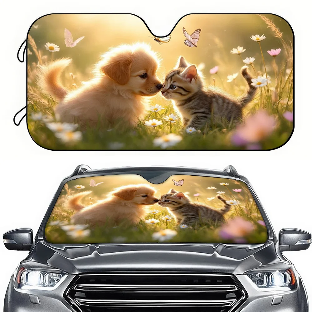 1pc Car Sunshade, Puppy And Kitten Companion Car Sun Visor, HD Printed Sunshade, Easy To Install, Suitable For SUV And RV Decora