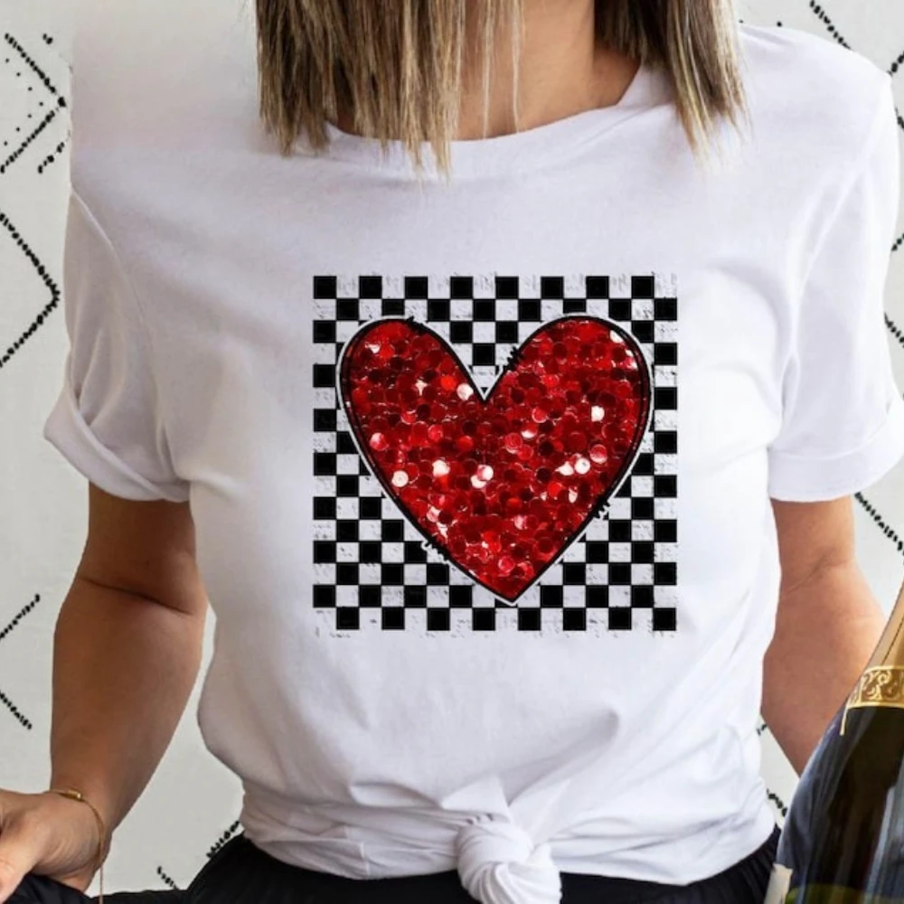 Retro Checkered Heart Shirt Cute Valentine Tee Women Valentines Day T-Shirt Love Sweatshirt Daily Life Casual Cotton Tshirt