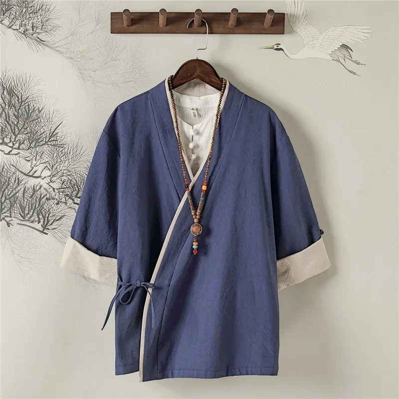 Koszulka w stylu chińskim Zen herbata płaszcz na co dzień japoński samuraj Kimono Haori sweter bawełna Retro lniany Top Kung Fu bluzka T-shirt