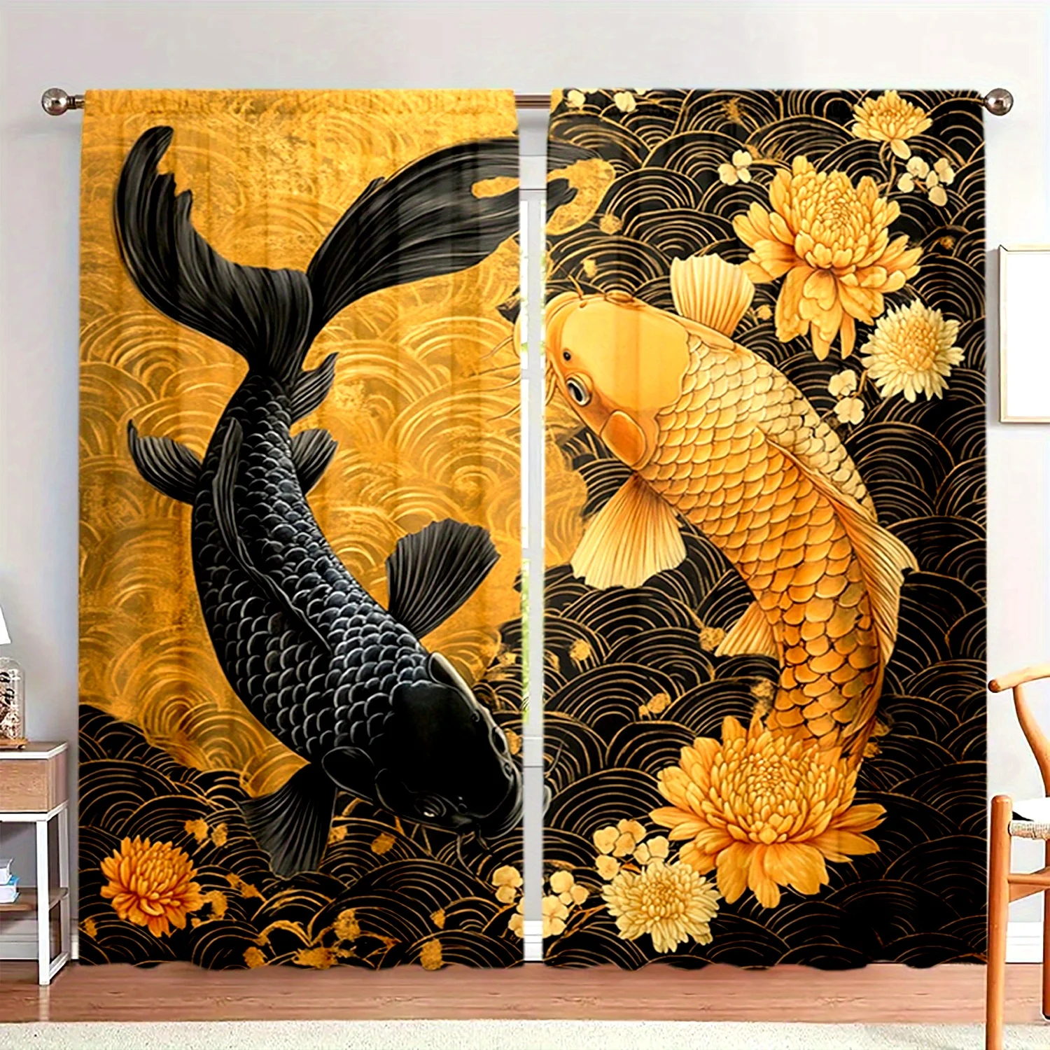 Vibrant Koi Fish and Golden Flower Pattern Curtain Panels for Living Room Home Decor Window Treatment