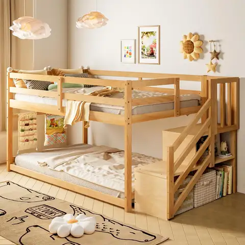 Low Bunk Bed Twin Over Twin with Stairs, Floor Bunk Beds with Storage Staircase and Guardrails, Wooden Low Bunk Bed, Customized