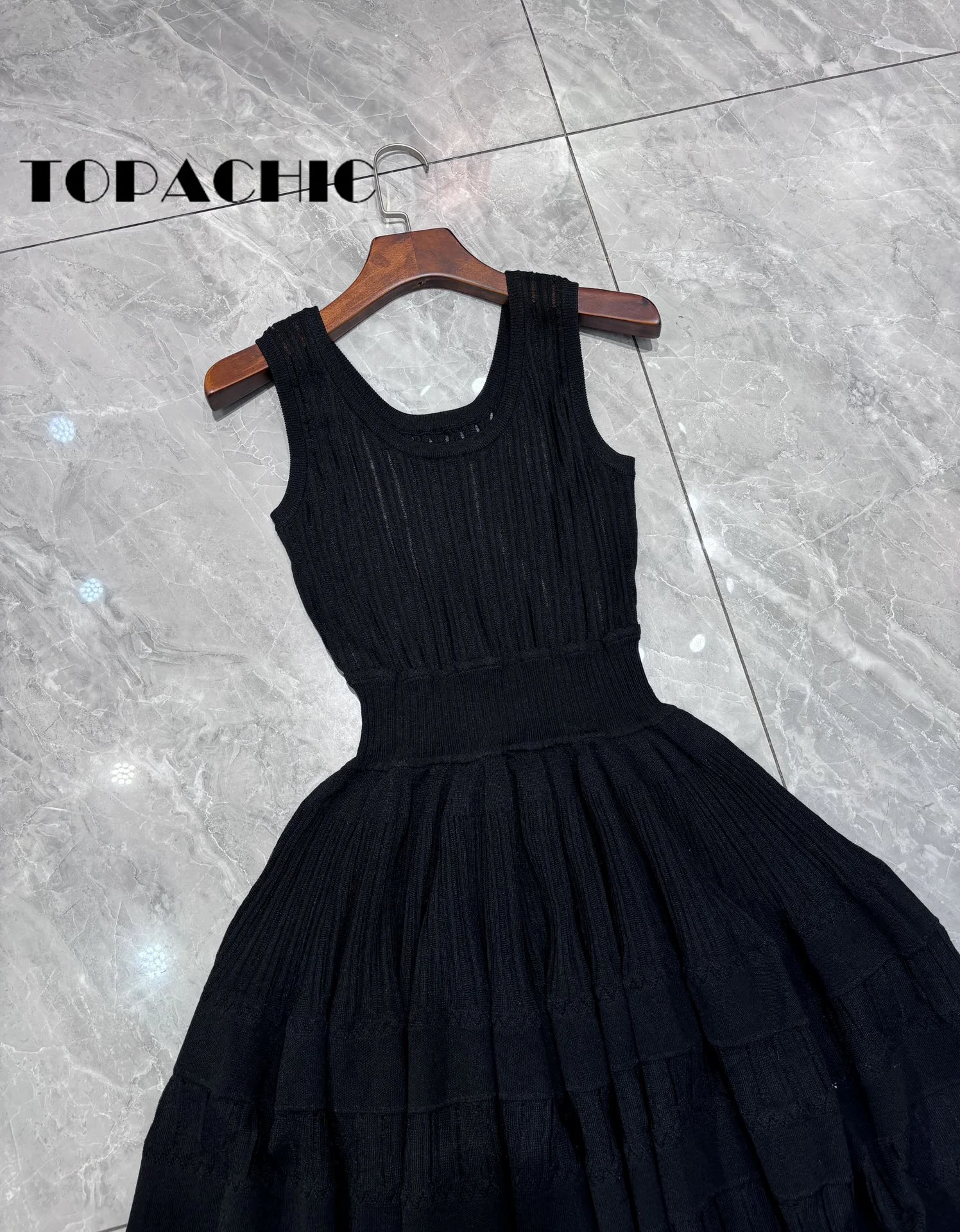 5.9 TOPACHIC Women Fashion Ribbed Jacquard Knit Dress Sweet Girl U-Neck Sleeveless Collect Waist Ball Gown Mini Dress Beltless