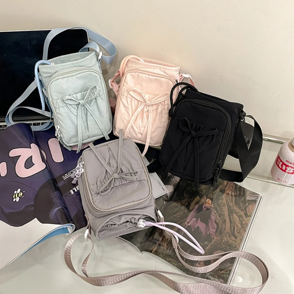 Nylon Shoulder Bag Versatile Drawstring Crossbody Bag Outdoor Bow Phone Bag Nylon Adjustable Kettle Handbag For Outdoor Daily