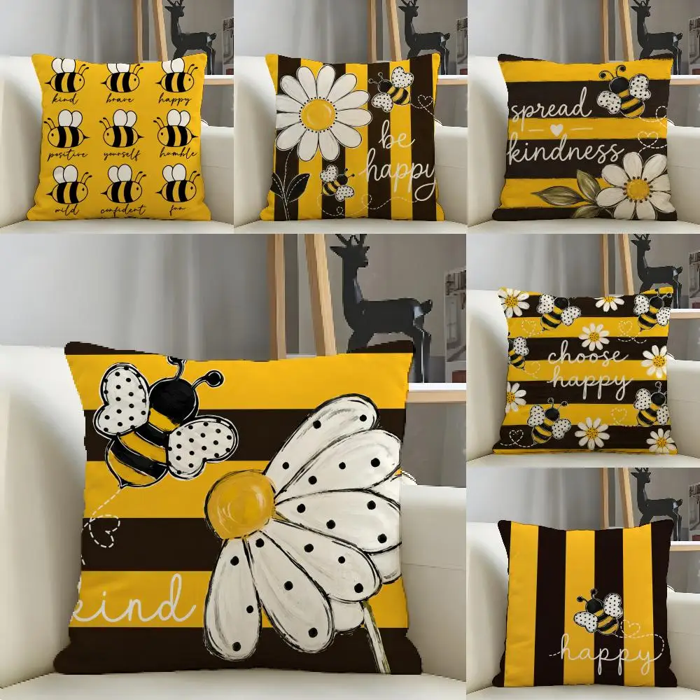 Happy Bees Kind Stripes Cushion Cover Natural Linen Pillow Case Organic Fabric Double Sided Print Sofa Home Decor Gift