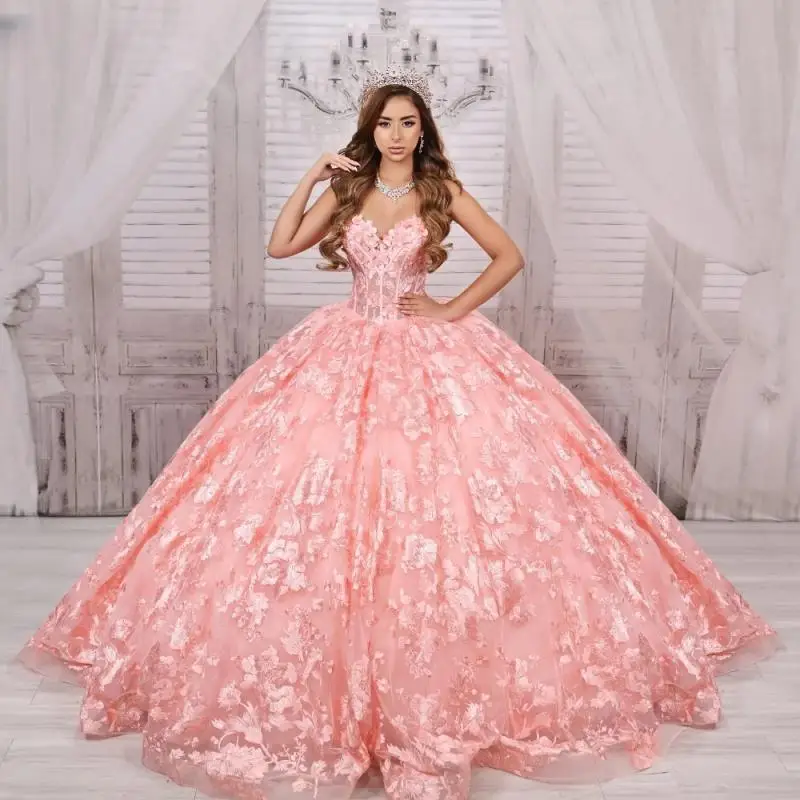 

Customized Shiny Pink Quinceanera Dress Ball Gown Lace Applique Beading Long Sleeve Tull Elegant Sweet 16 Vestido De 15 Anos