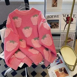 Sweet Girls Sweater Strawberry Pattern Autumn Winter Knit Tops O-Neck LOOSE Full Sleeve Fashion Lovely All-match Women Sweater