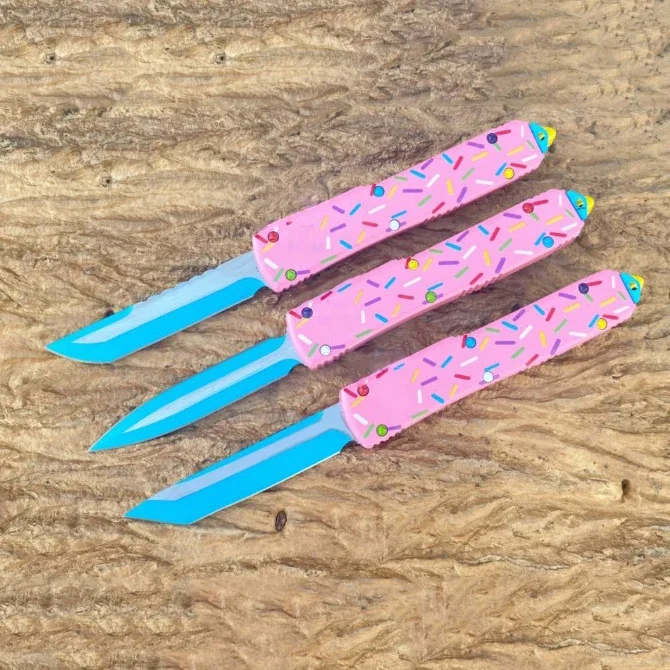 Mict TU85 Pink Donut Knife D2 Blade Dual Action Aviation Aluminum Handle Tactical Hunting Self Defense EDC Survival Tool Knives