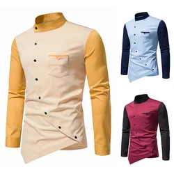 New Men's Personalized Shirt with Diagonal Buttons and Irregular Contrasting Color Henry Collar High-end Shirt African Shirt