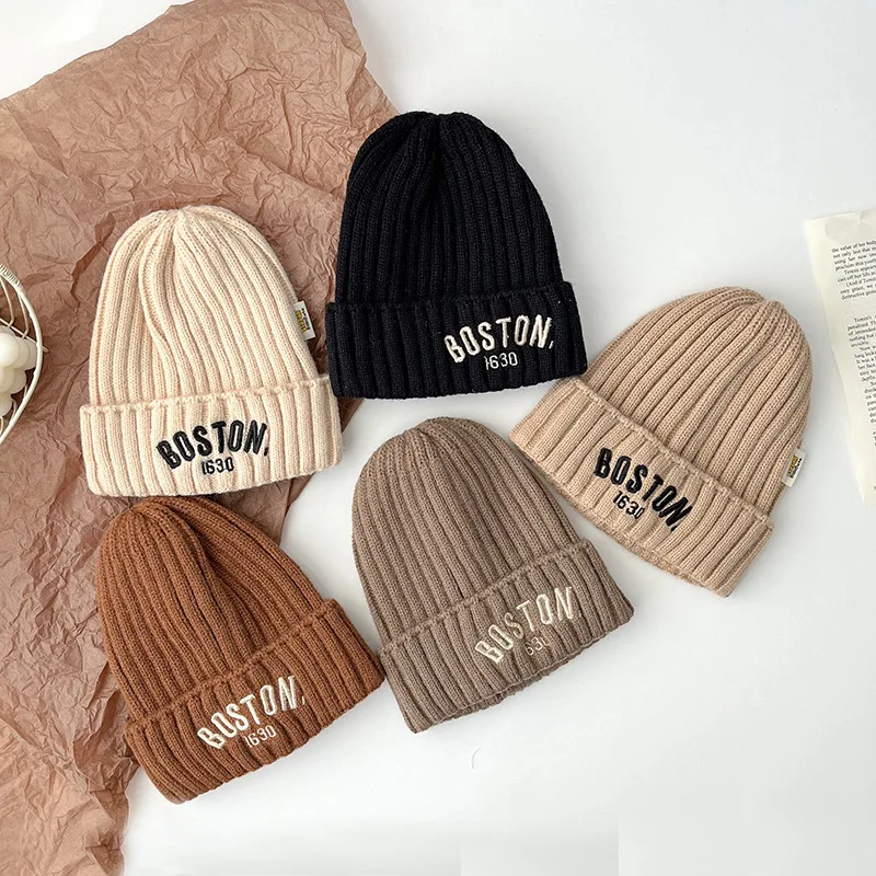 Nowy BOSTON Letter Baby Hat Winter Warm Baby Boys Girls Hat Bonnet Soft Ear Protection Infant Toddler Knitted Kids Cap Beanies