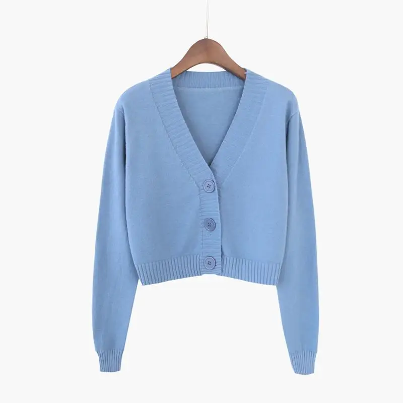 Cardigan corto lavorato a maglia Donna Maglione corto coreano Manica lunga Crop Top Scollo a V Moda Y2k Abbigliamento Verde Blu
