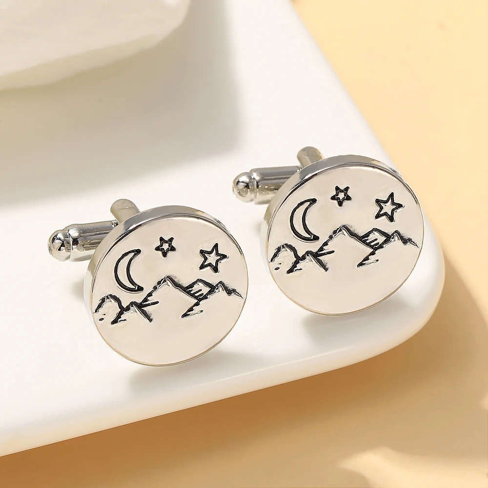 2Pcs Mens Moon Star Mountain Peak Design Suqare Cufflinks Outdoor Wilderness Night Pattern Round Sleeve Button
