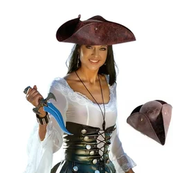 Artificial Leather Pirate Hat Brown Captain Hat Vintage Button Masquerade Costume Hat Man Woman Photography Props