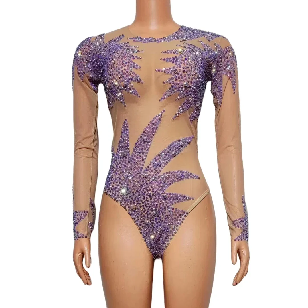 Sparkly Hot Drilling Process Rhinestone Bodysuits Women One Piece Stretch Sheer Mesh Long Sleeve Dance Drag Queen Costume