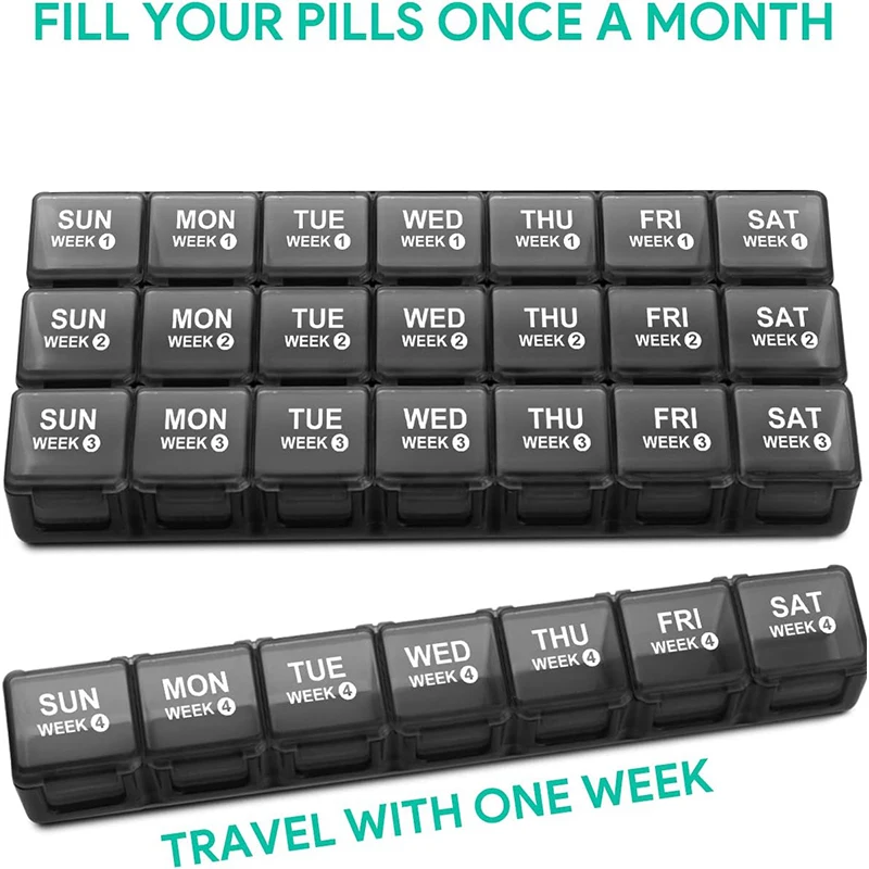 Monthly Pill Organizer 28 Day Pill Box, Travel Medicine Pill Organizer, Large 4 Weeks 1 Month Pill Cases with Dust-Proof