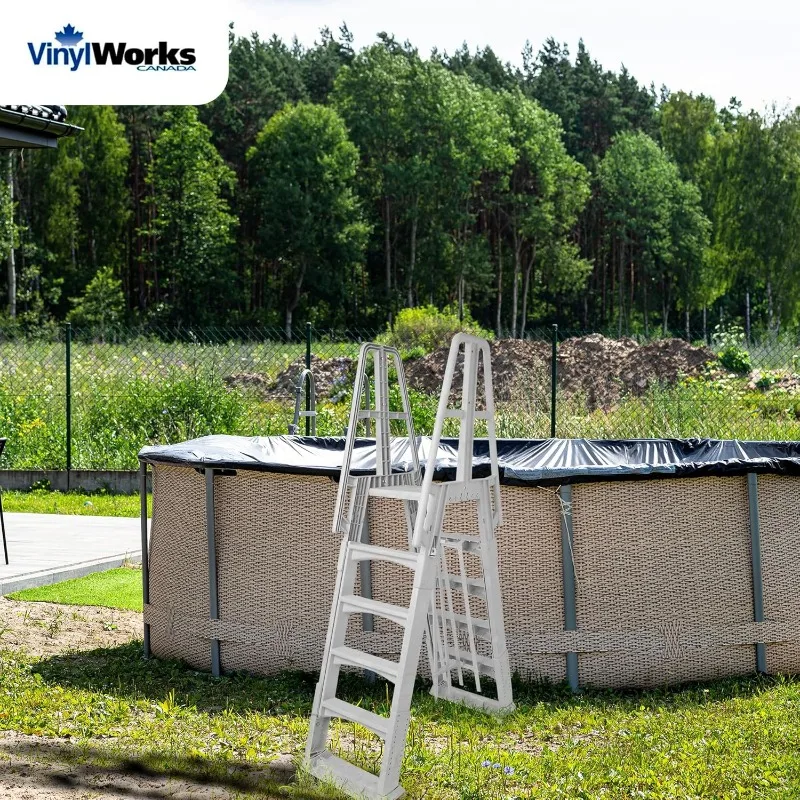 Vinyl Works SLA A-Frame 48 to 56 Inch Adjustable Above Ground Swimming Pool Ladder Entry System with Slide Lock Barrier,Handrail
