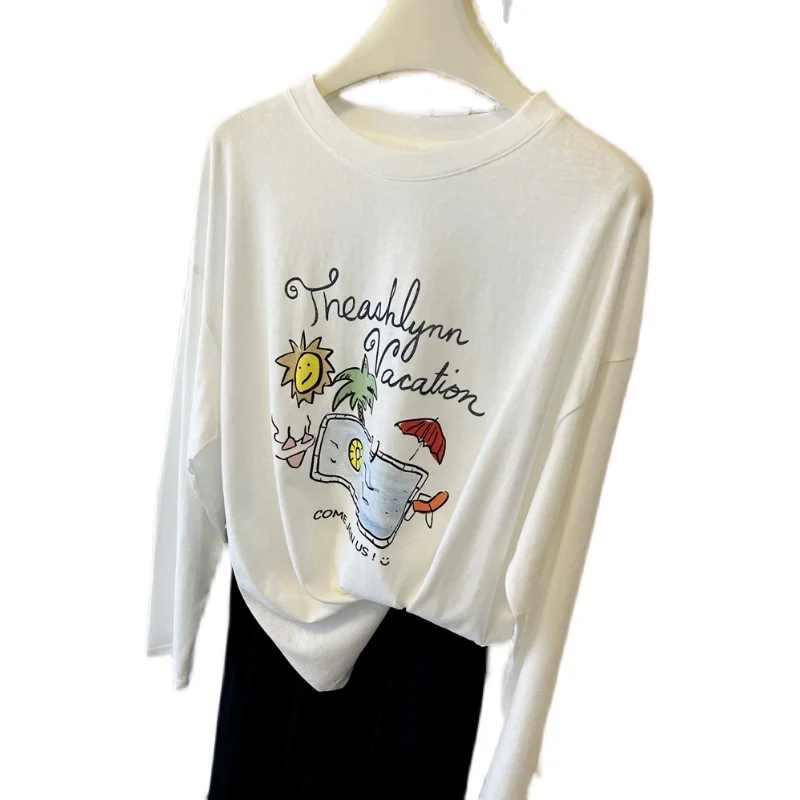 Locker sitzendes langes Sve-T-Shirt für Damen, Sommer, dünner Briefdruck, übergroßes Cover-up-Oberteil, bequemer, atmungsaktiver Sonnenschutz