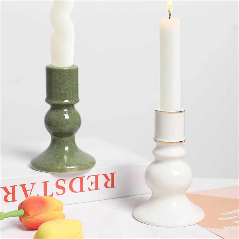Round Ceramic Pillar Candle Holder (Stoneware) - Table Centerpiece For Wedding Decor Christmas Dinner Party Supplies