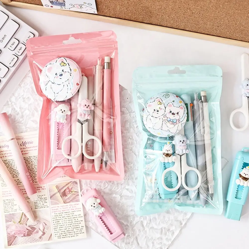 8pcs Multi-functional Blue/Pink Stationery Set Puppy Design Students Gift Highlighter Gel Pen Correction Tape School Office