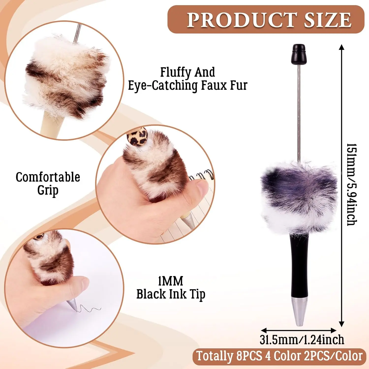 8pcs Fluffy Beadable Pens 4 Colors Leopard Pom Pom Beaded Pens DIY Plastic Assorted Cute Shaft Black Ink Ballpoint Pens for DIY