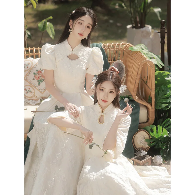 New Chinese Champagne Dress Long Slim Fit Bridal Bridesmaid Dresses Vintage Elegant Cheongsam Traditional Wedding Party Gown image 3