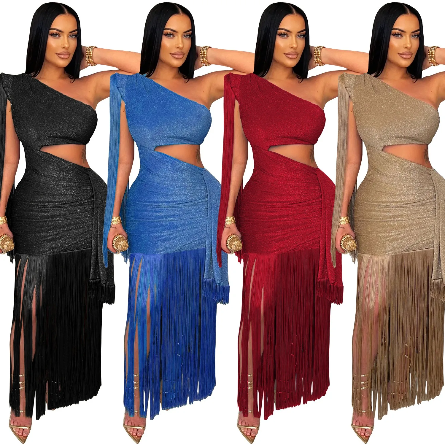 

Sexy Nightclub Party Prom Club Banquet Solid Color Casual One Shoulder Tassel Long Dresses