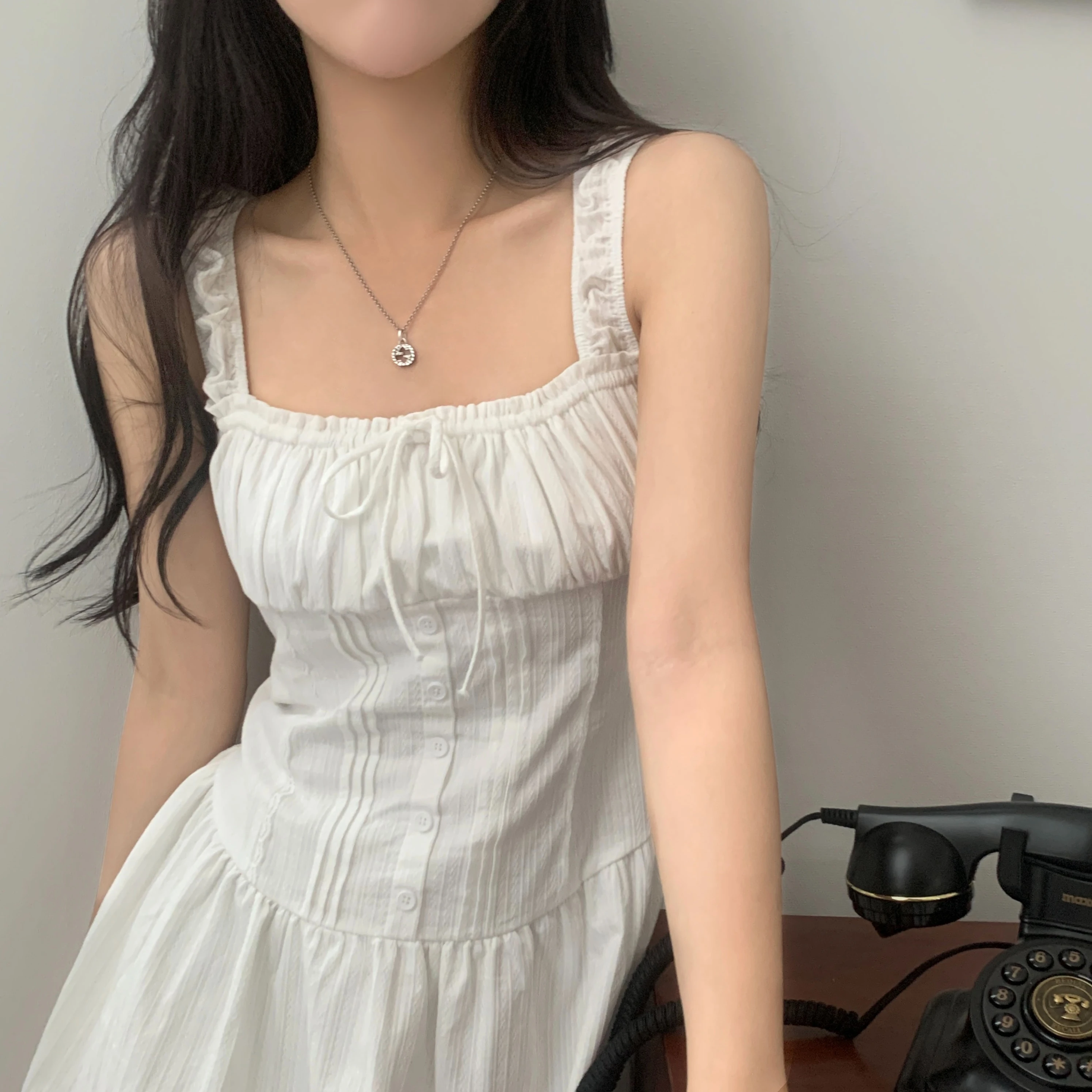 

Chic Lace Splice Women's Dress Spring New Drawstring Waist Slim Vest Skirt Korean Style Casual Versatile for Various Occasions