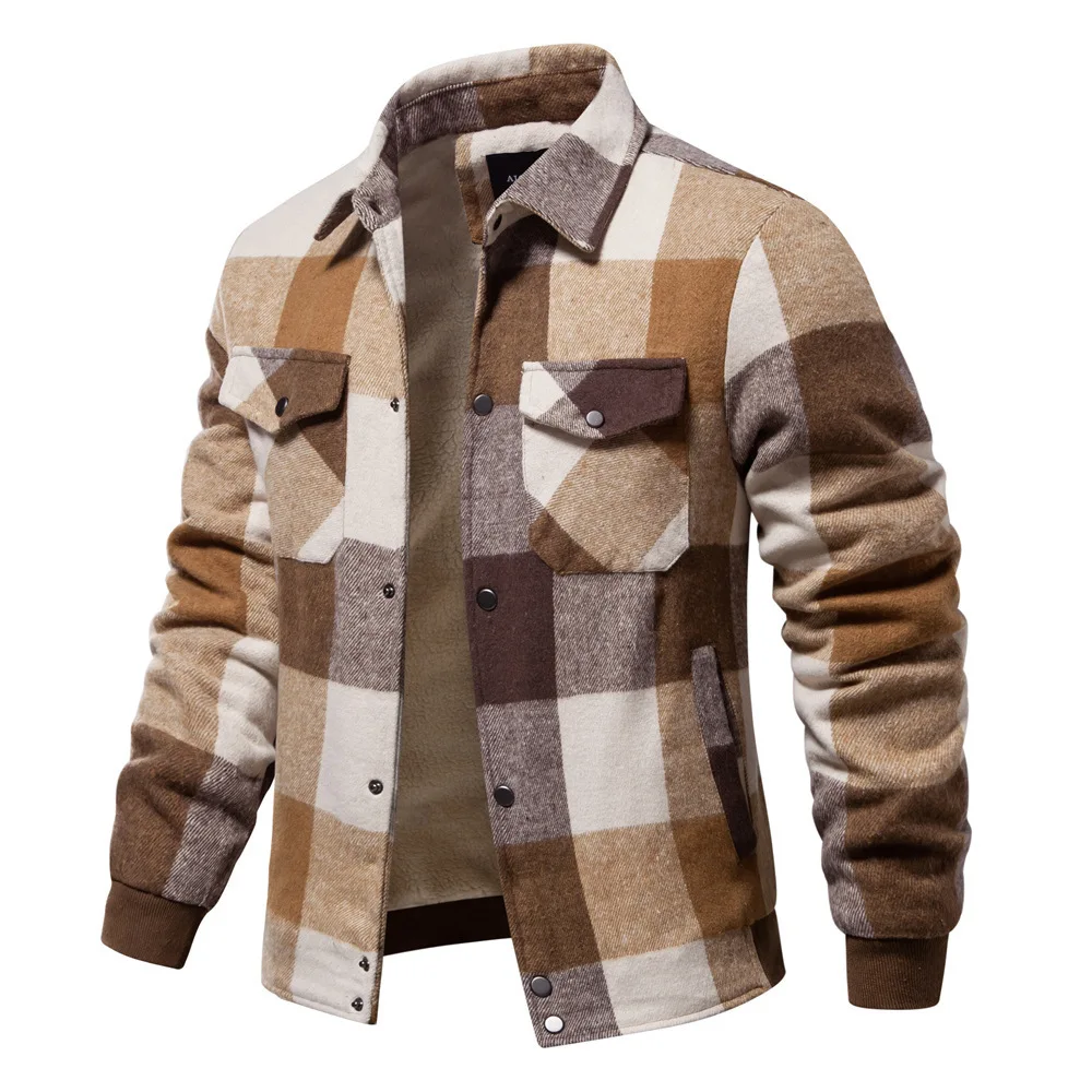 

Fall Winter Men Plaid Flannel Thick Fleece Shirt Jacket Quilted Lined Warm Checkered Outwear Shirts For Man Camisas De Hombre