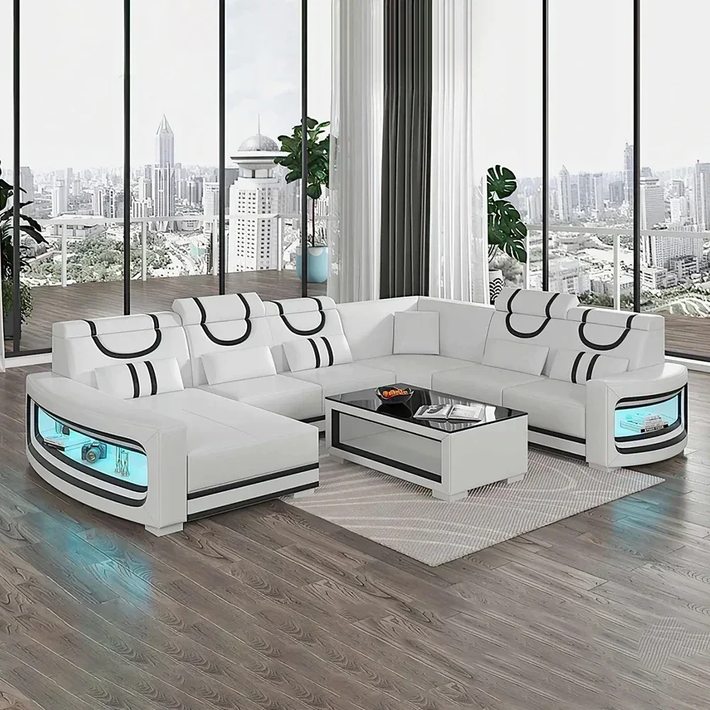 Upgrade Your Living Room with  Italian Genuine Leather Sofa - 2 Colors Combination, LED Light & Soft Cushions