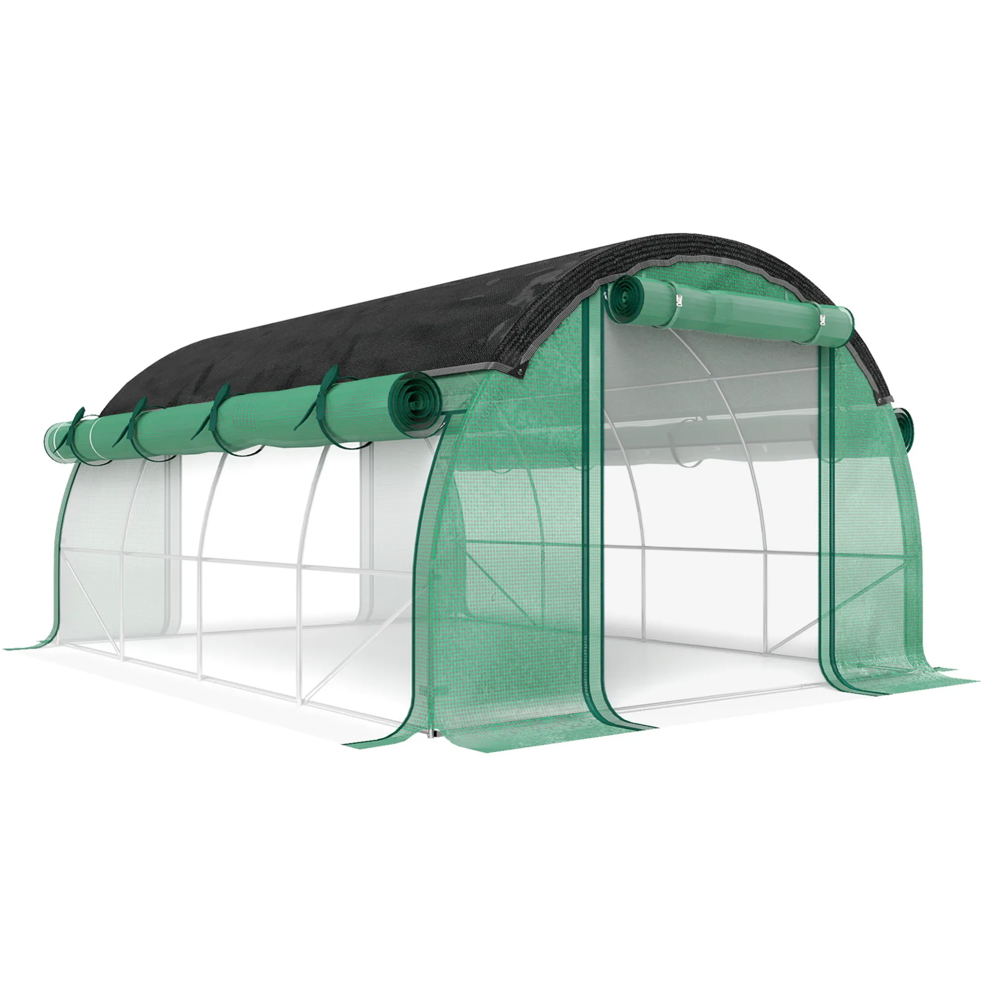 Kas 4x3x2m met UV-bescherming, oprolbare deuren, geventileerde ramen, gegalvaniseerd stalen frame, groen