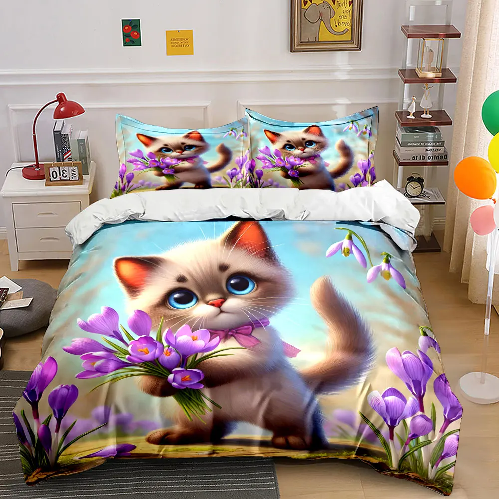 Adorable Cat Holding Purple Bouquet Print Bedding Set 1 Duvet Cover 2 Pillowcases for Adult and Children Luxury Gift Full Size