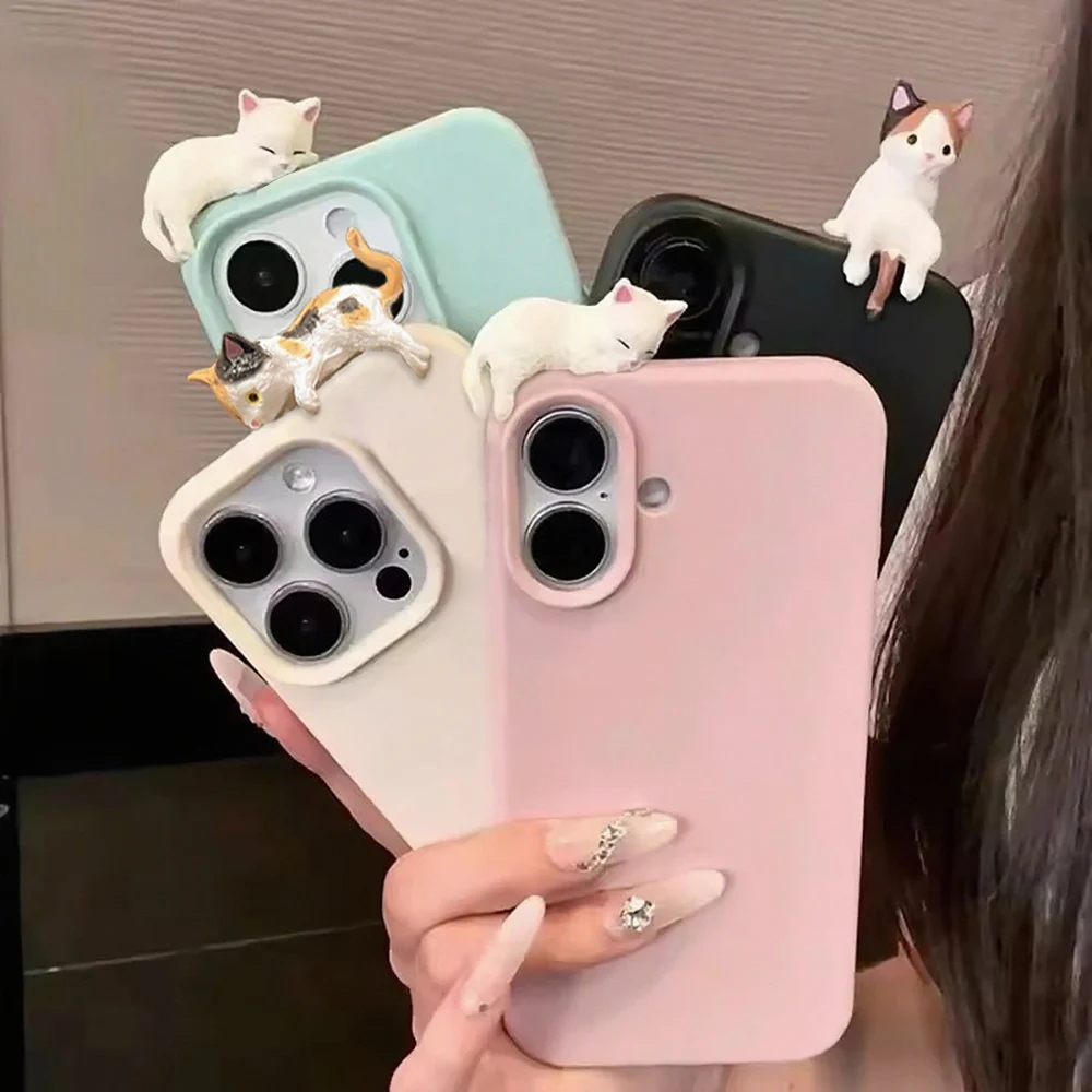 Cute 3D Cartoon Lying Cat Phone Case For iPhone 17 Air 18 16 Pro Max 15 14 Plus 13 12 11 Lychee PU Leather Lovely Soft TPU Cover