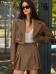 Clacive Fashion Loose Brown Office 2 Piece Sets Women Outfit 2025 Elegant Long Sleeve Crop Top With High Waist Mini Skirt Set