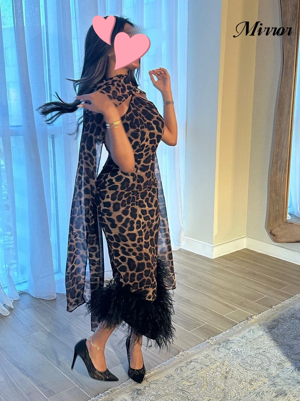 Mirror Dress Elegant Vintage Sexy Leopard Print Feathers Ribbon Customize Formal Occasion Prom Dress Evening Party Gowns